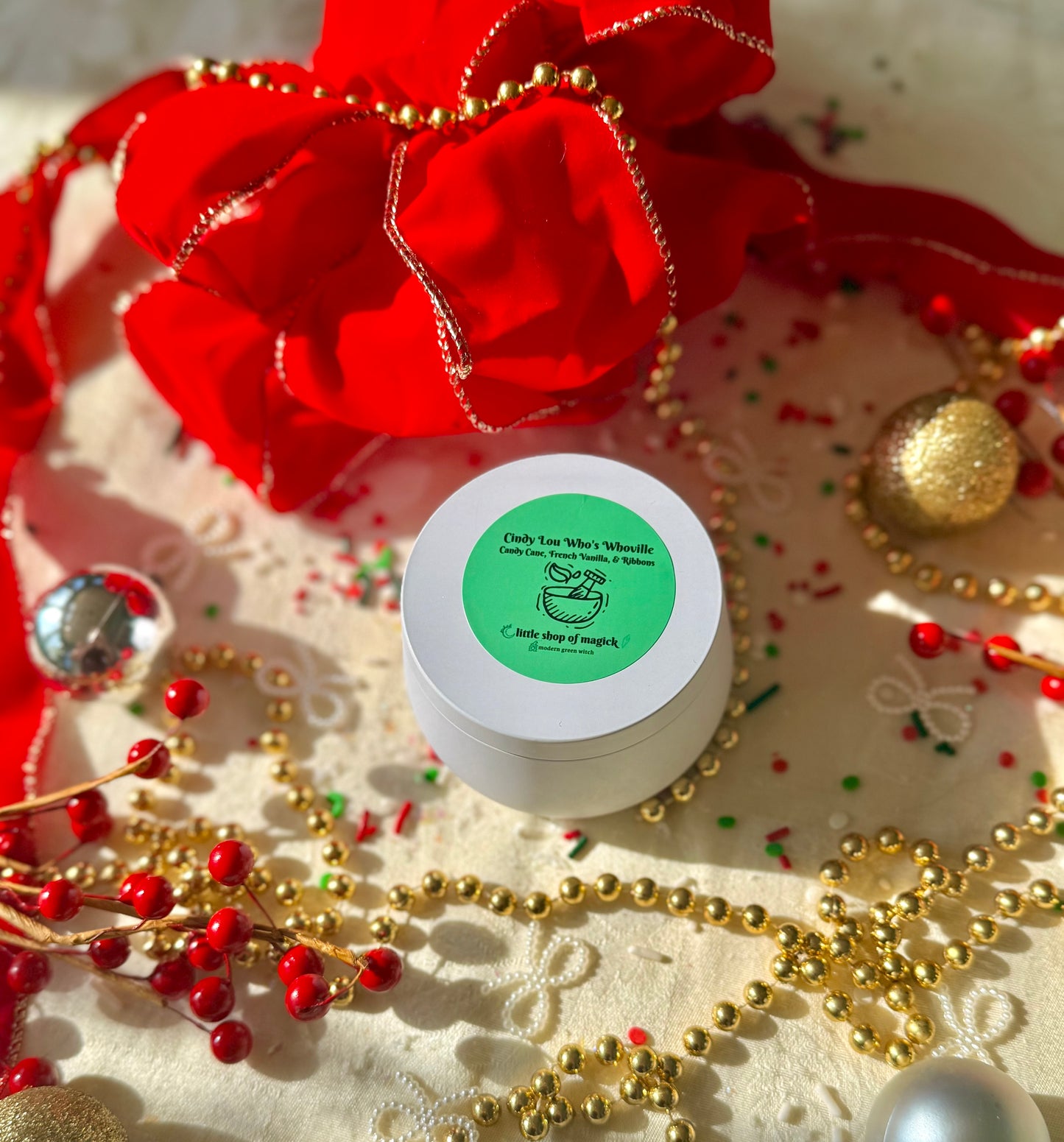 Wood wick soy Candle - Cindy Lou Who’s Whoville - Peppermint and French Vanilla Scented