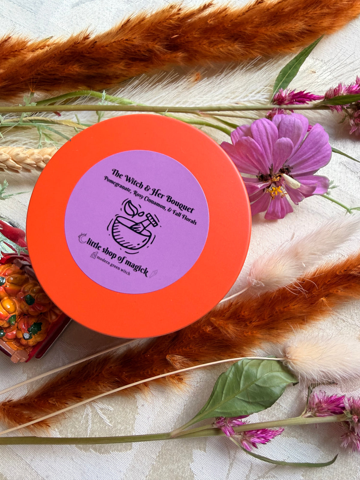 Wood Wick Soy Candle - Harvest Spice & Pomegranate Scented - The Witch and Her Bouquet