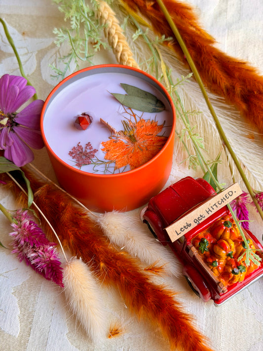 Wood Wick Soy Candle - Harvest Spice & Pomegranate Scented - The Witch and Her Bouquet