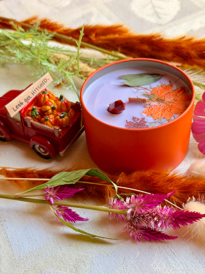 Wood Wick Soy Candle - Harvest Spice & Pomegranate Scented - The Witch and Her Bouquet